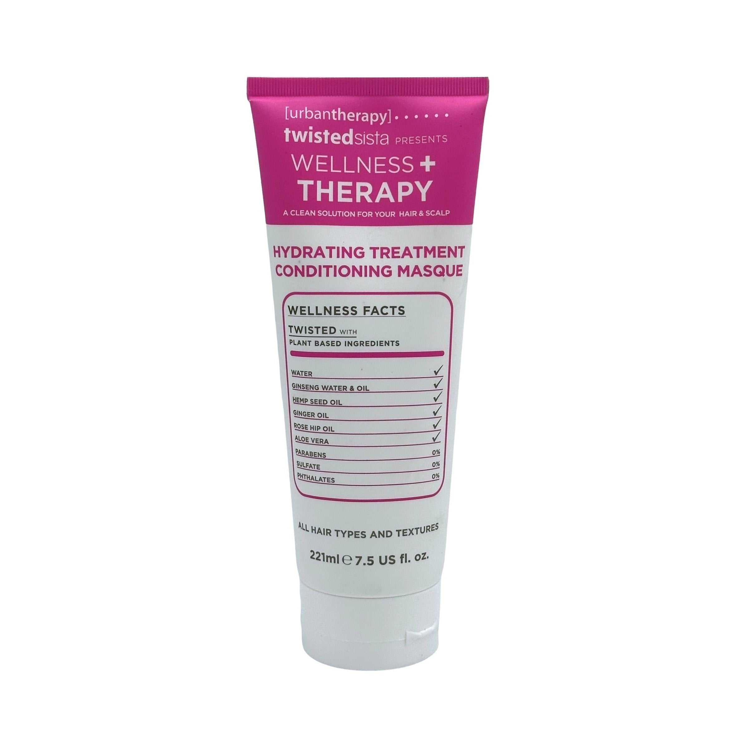 Pink and white tube of Twisted Sista Wellness + Therapy hydrating hair masque.